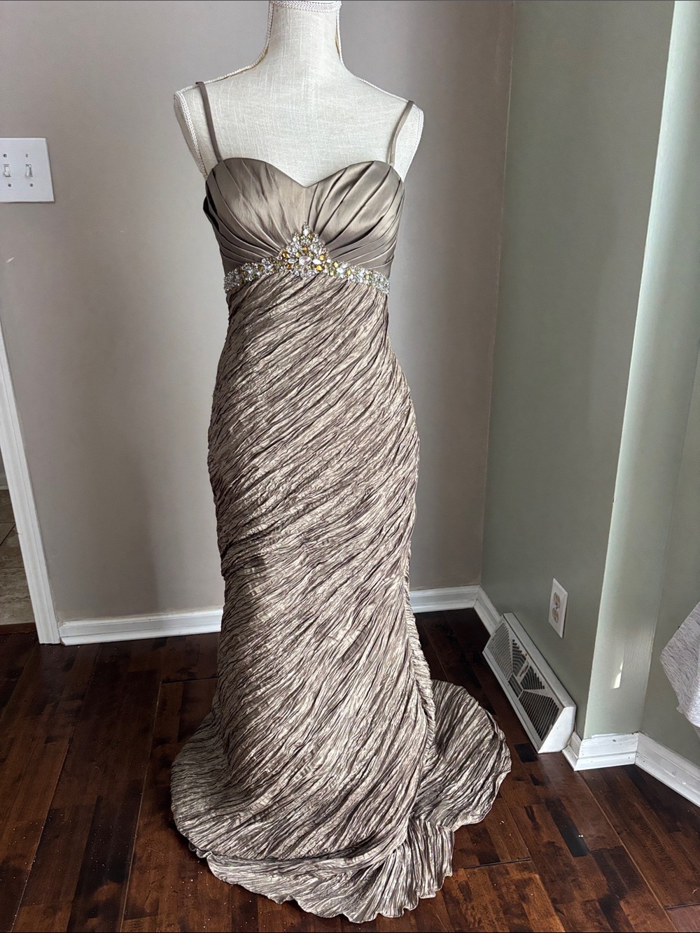 Vintage Alyce Designs Taupe Ruched Maxi Gown with Beaded Waist Accent